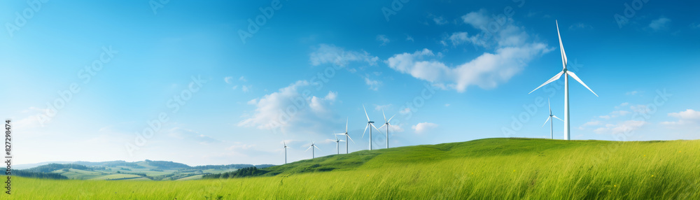 Wind turbines on a grassy hill, turning in the breeze, clear blue sky, renewable energy source, sustainable and ecofriendly, serene landscape, isolated white background, copy space Wind turbines on a grassy hill, turning in the breeze, clear blue sky, renewable energy source, sustainable and ecofriendly, serene landscape, isolated white background, copy space