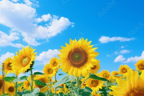 Field of blooming sunflowers against a bright blue