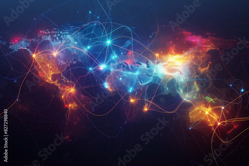 Illuminated by glowing lines and dots, a vibrant world map in the photo represents digital connections spanning across various regions