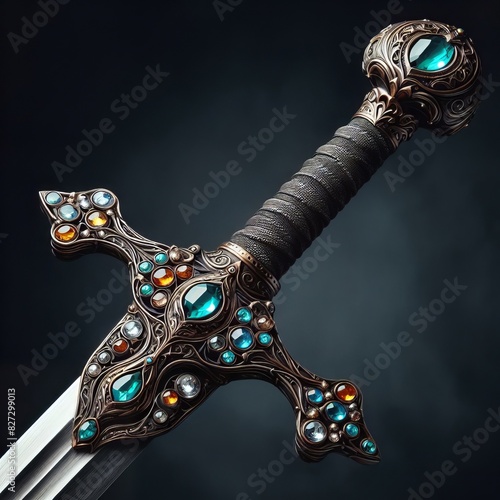 Ornately Decorated Medieval Sword Adorned with Turquoise and Amber Gemstones in Intricate Design