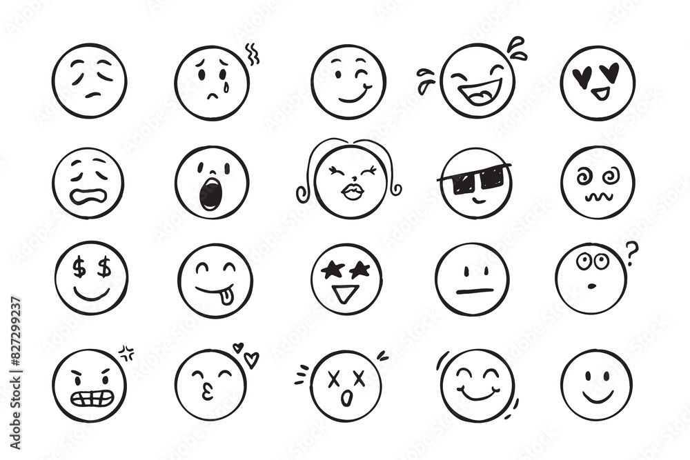 Emoji face icon doodle set. Faces with different emotion mood. Hand drawn comic sketch style. Emoji face icon doodle set. Faces with different emotion mood. Hand drawn comic sketch style.