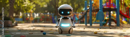 Outdoor baby care robot accompanying a toddler in a playground, supervising and ensuring safety with obstacle detection sensors