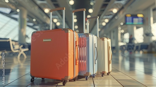 Suitcases in airport. Travel concept. 3D rendering. A compelling visual narrative of travel, featuring suitcases in an airport setting, ready to embark on a journey. photo