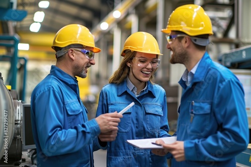 a group of factory workers stood talking to each other while smiling happily wearing blue overalls and wearing helmets