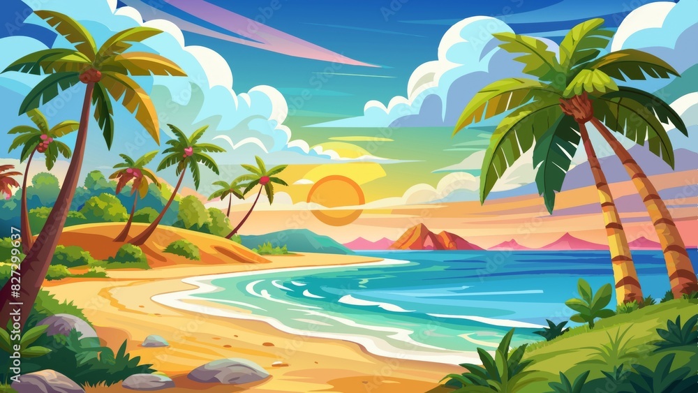 Watercolor beach with palm trees and sun, landscape, seascape background. Watercolor beach with palm trees and sun, landscape, seascape background.