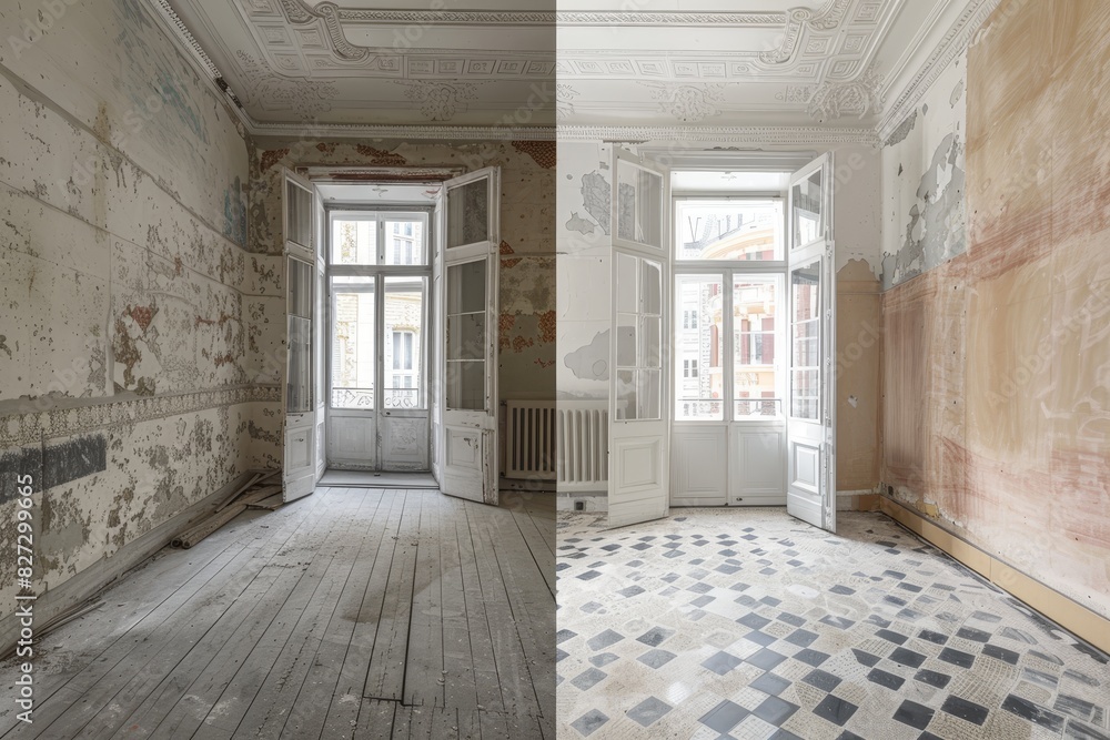 Apartment renovation - empty room before and after complete refurbishment and restoration