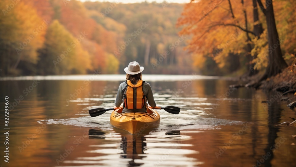 woman kayaking in a river during autumn, back-view, solitude, serene and peaceful atmosphere woman kayaking in a river during autumn, back-view, solitude, serene and peaceful atmosphere