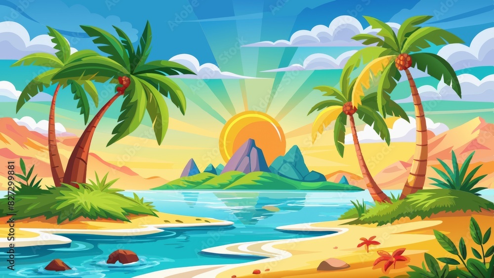 Watercolor beach with palm trees and sun, landscape, seascape background. Watercolor beach with palm trees and sun, landscape, seascape background.