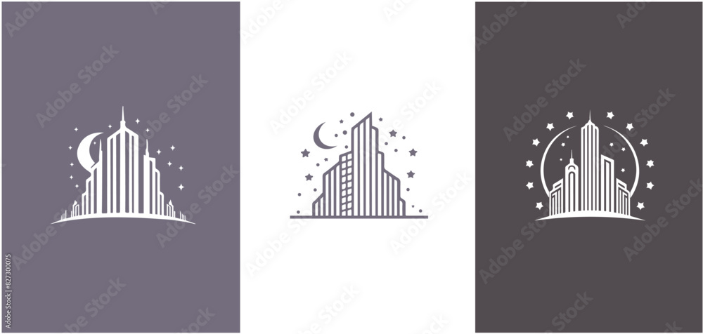 City building logo or skyscraper decorated with stars in linear design