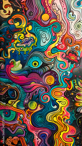 Psychedelic 1960s-Inspired Vibrant Face with Swirling Lines and Bright Colors