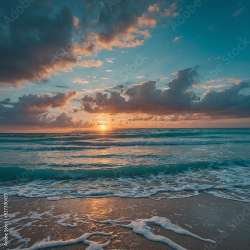 A serene beach at sunrise with a turquoise sky and gentle waves. 