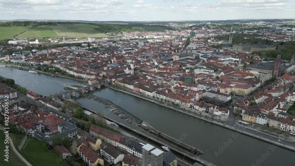 Aerial view of Old Main Bridge spanning the Main tributary and the city center of Wurzburg, Germany Aerial view of Old Main Bridge spanning the Main tributary and the city center of Wurzburg, Germany