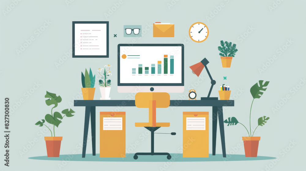 A stylish home office featuring a computer, various plants, and decorative elements on a clean desk. A stylish home office featuring a computer, various plants, and decorative elements on a clean desk.