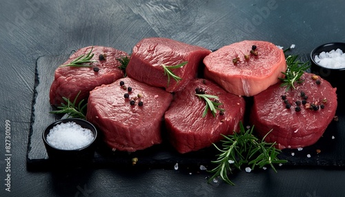 Various raw beef steaks for grilling with spices and utensils photo