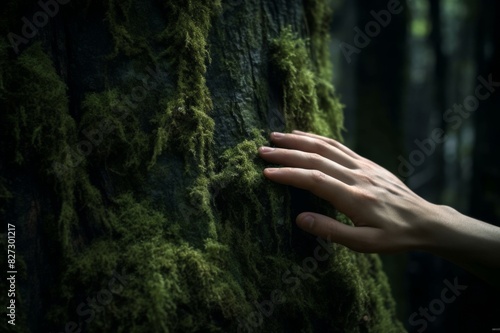 hand on moss-covered tree