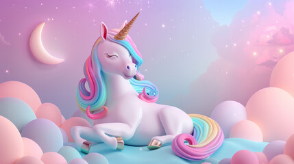 Wandcirkels Eenhoorn A unicorn is laying on a bed of clouds with a moon in the background. Scene is whimsical and dreamy  © Cherrita07