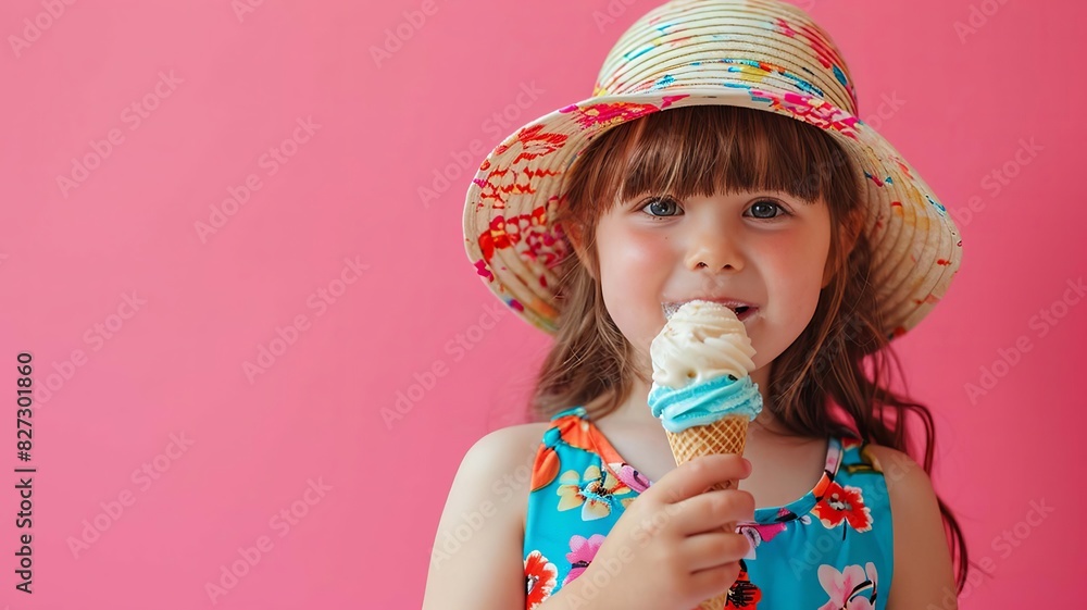 Girl eating ice cream selective focus. Generative AI, Girl eating ice cream selective focus. Generative AI,