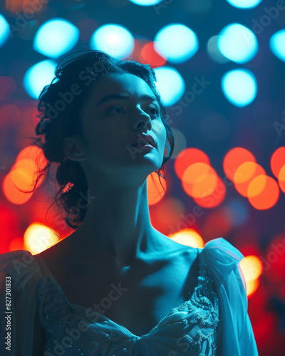 Portrait photography of an actress or a s inger on opera theatre stage, aesthetic. Many blurred lights on background, bokeh . White dress and dramatic light 