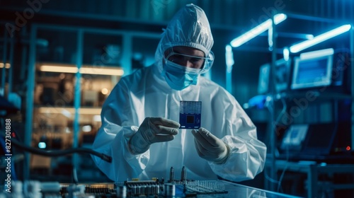 A man in a white lab coat is holding a small electronic device