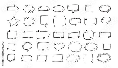 Set quote hand drawn speech bubble with quotation marks. Doodle sketch frames. Quote, commas. 