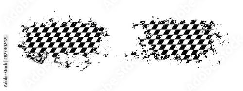 Racing grunge brush texture design, auto rally badge. Checkered pattern. Start, finish flag, scratches