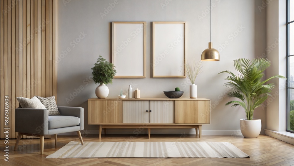 Fototapeta premium minimalist Contemporary interior design of living room with wooden sideboard and mock up poster. Home interior background. Empty frame. 3d rendering