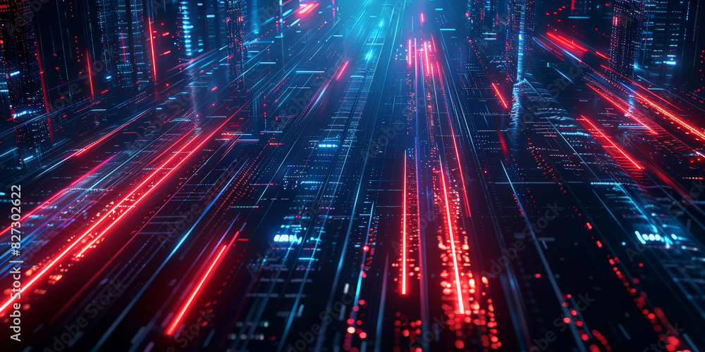 Futuristic data stream with vibrant blue and red light trails in a digital matrix environment
Futuristic data stream with vibrant blue and red light trails in a digital matrix environment