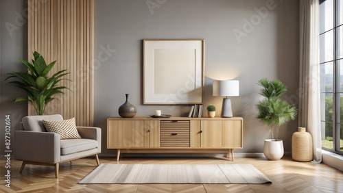 minimalist Contemporary interior design of living room with wooden sideboard and mock up poster. Home interior background. Empty frame. 3d rendering