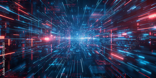 Futuristic data stream with vibrant blue and red light trails in a digital matrix environment  © Planetz