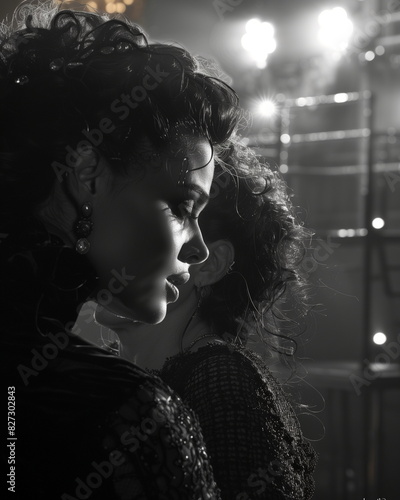 Black and white female profile portrait. Thetrical and dramatic. Actress