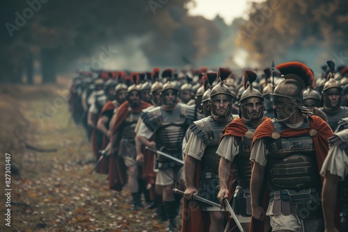 Line of roman soldiers in full armor marches through an autumnal forest
