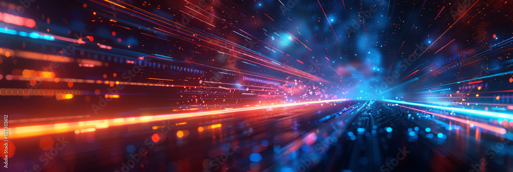 Futuristic data stream with vibrant blue and red light trails in a digital matrix environment
Futuristic data stream with vibrant blue and red light trails in a digital matrix environment