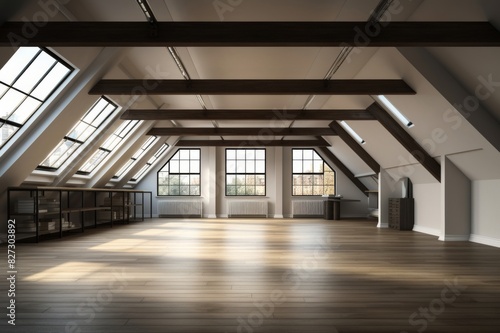 interior of empty modern open space attic office