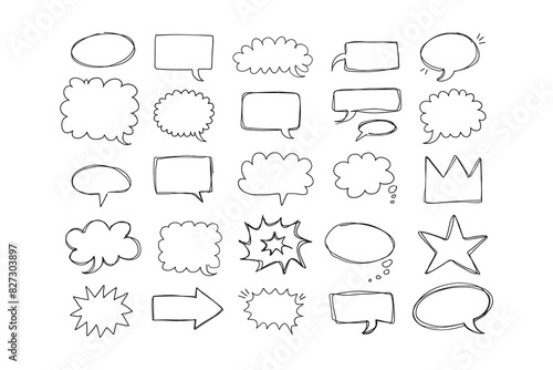  Speaking hand drawn doodle bubbles set. Talk clouds sketch frames. Speech thought Balloon shapes.