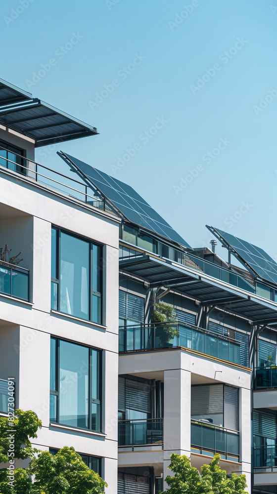 Fototapeta premium Modern apartment building with solar panels, concept of urban renewable energy integration