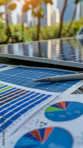 Financial charts on solar panels, concept of solar energy market and economic analysis