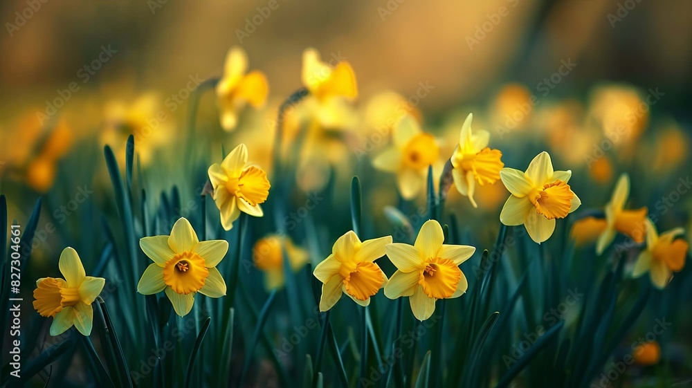 Obraz premium Flower field of yellow daffodils. selective focus. Generative AI,