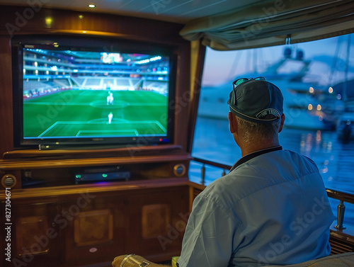 Captain Watching Soccer Game on TV in Luxurious Yacht