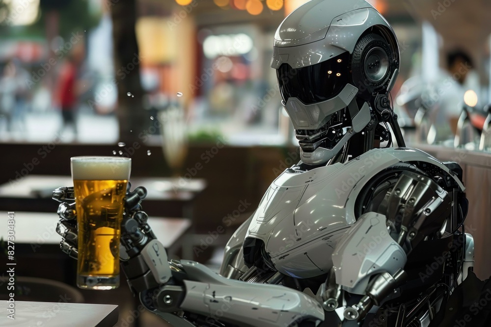 Hightech robot arm presenting a frothy beer in a bustling bar environment Hightech robot arm presenting a frothy beer in a bustling bar environment