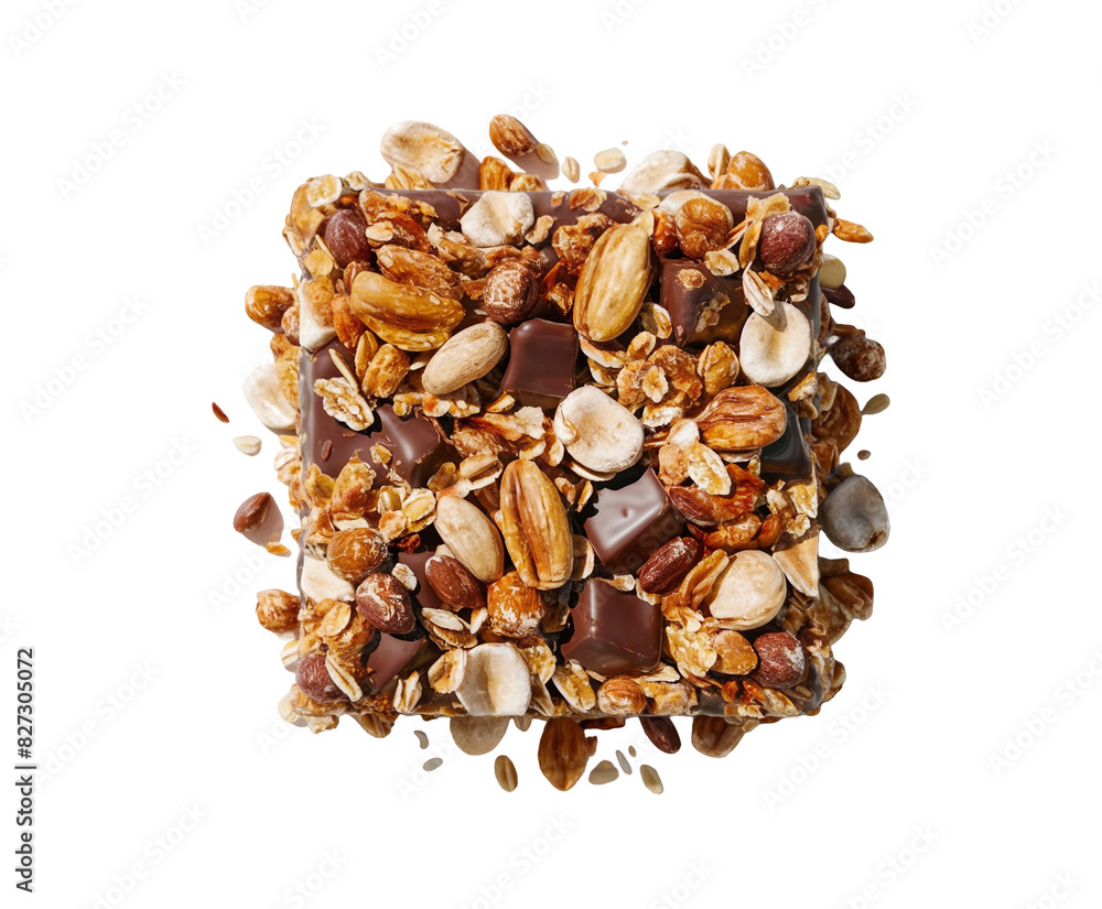 Obraz premium Healthy granola cereal bars with oats, nuts, and chocolate of stacked almond granola bars with loose almonds on transparent background Ai generative.