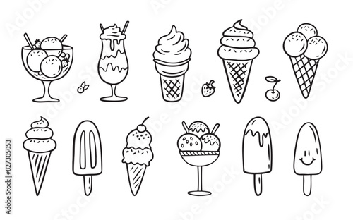 Ice cream Hand drawn doodle set. Different types, waffle cone, cup ice cream, popsicle, sundae. Sketch style cafe menu, card, birthday card decoration.
