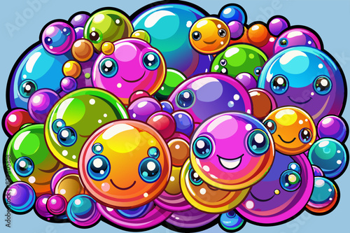 Cheerful bubbles with cute, smiling faces. Happy, colorful soap bubbles enjoying a joyful moment. Smiling bubbles in a playful and colorful composition.