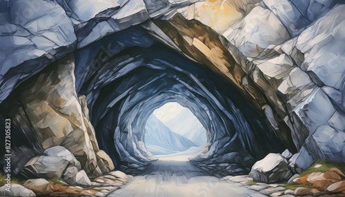 Stone tunnel. Cracked rock tunnel.
