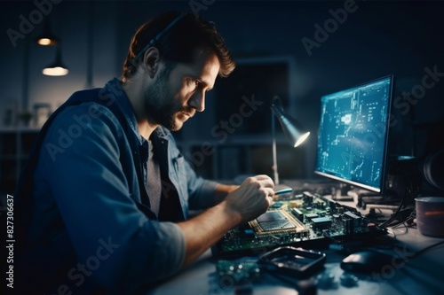 Man, circuit and it repair workshop in night for maintenance, computer tech or industry with focus. Technician, motherboard and information technology in dark with electronics, engineering and tools