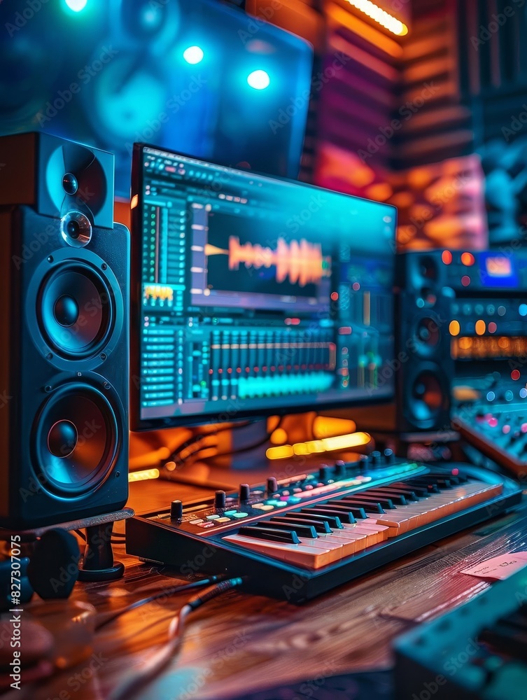 Create a professional music production studio. Include a large mixing console, multiple monitors, speakers, and a keyboard. The studio should be well-lit and have a modern design. Create a professional music production studio. Include a large mixing console, multiple monitors, speakers, and a keyboard. The studio should be well-lit and have a modern design.
