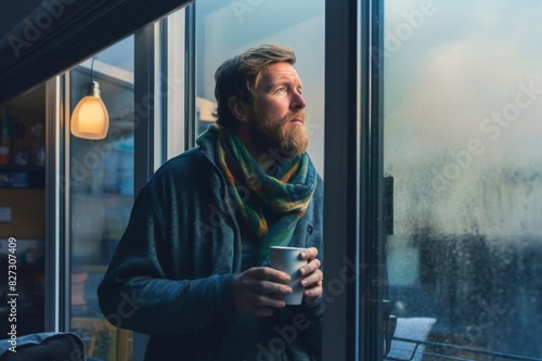 man looking out of window with a cuppa photo
