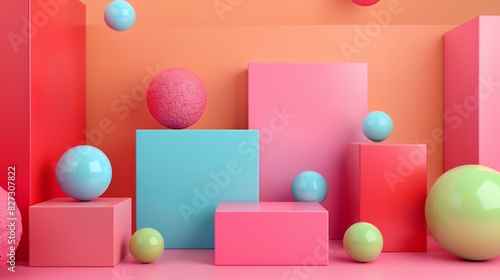 a group of colorful balls and blocks on a pink surface