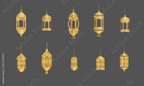 Vector Illustration Geometric Set Luxury Gold Lantern Islami. Various icons of Ramadan chandeliers, Ramadan lanterns, Eid Al Adha lanterns, Eid Fitri Lanterns and decorative lights