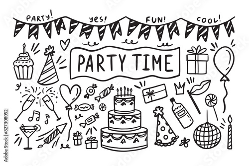 Doodle party elements Hand drawn set. Sketch icons for invitation, flyer, poster