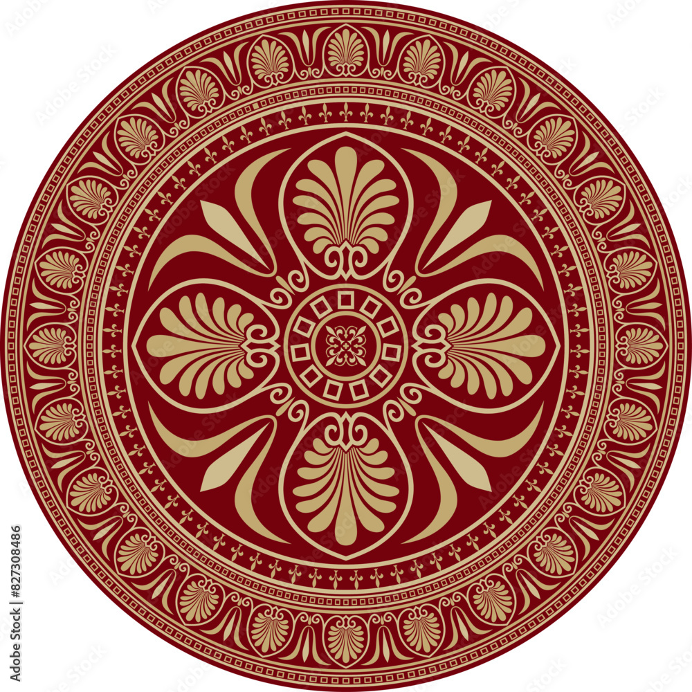 Vector gold with red classic Greek round ornament. Circle of Ancient Greece and the Roman Empire. Byzantine painting of walls, floors and ceilings. Decoration of European palaces Vector gold with red classic Greek round ornament. Circle of Ancient Greece and the Roman Empire. Byzantine painting of walls, floors and ceilings. Decoration of European palaces